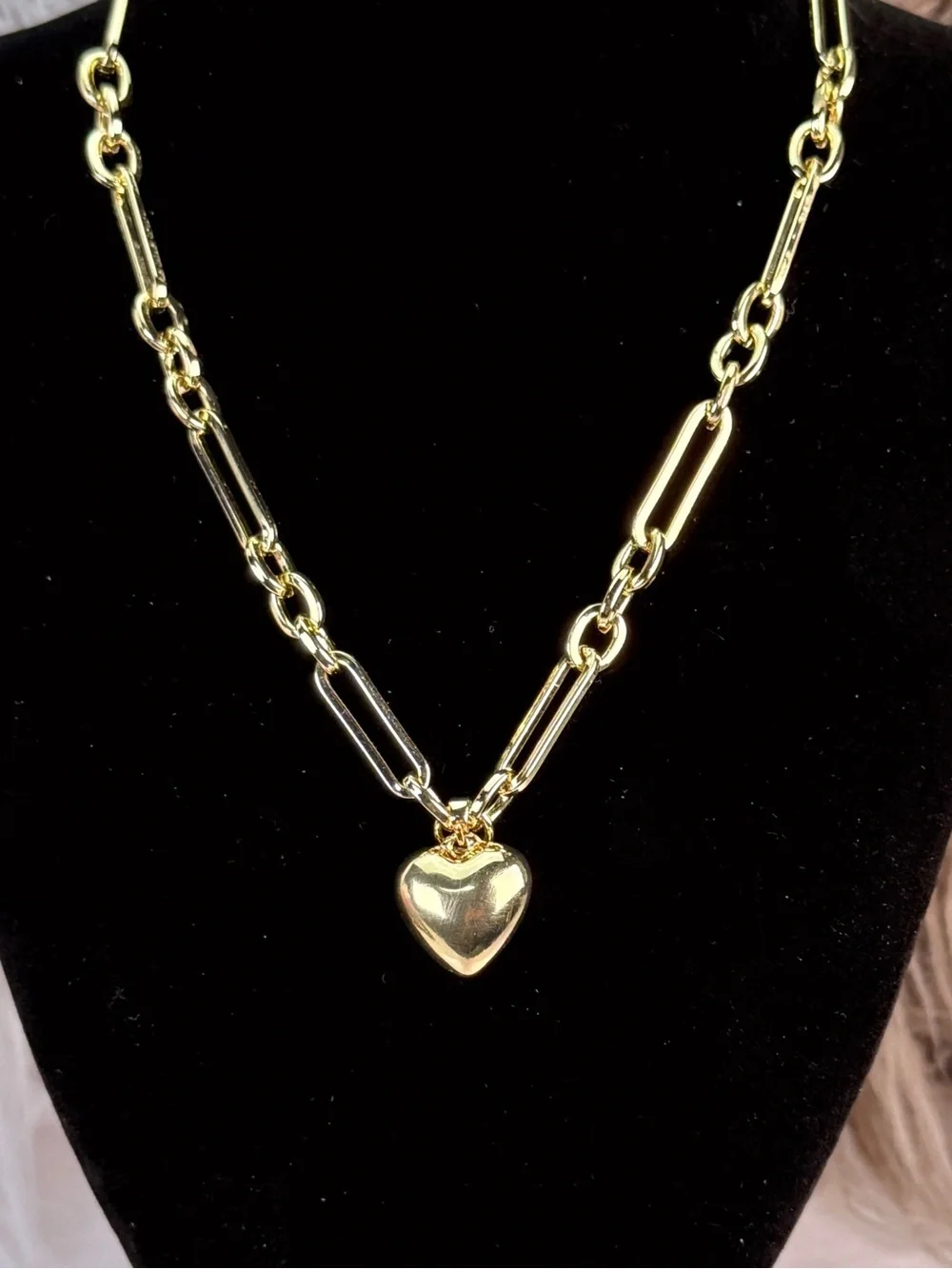 Gold Tone Paperclip Link Chain Puffy Heart Pendant Statement Necklace